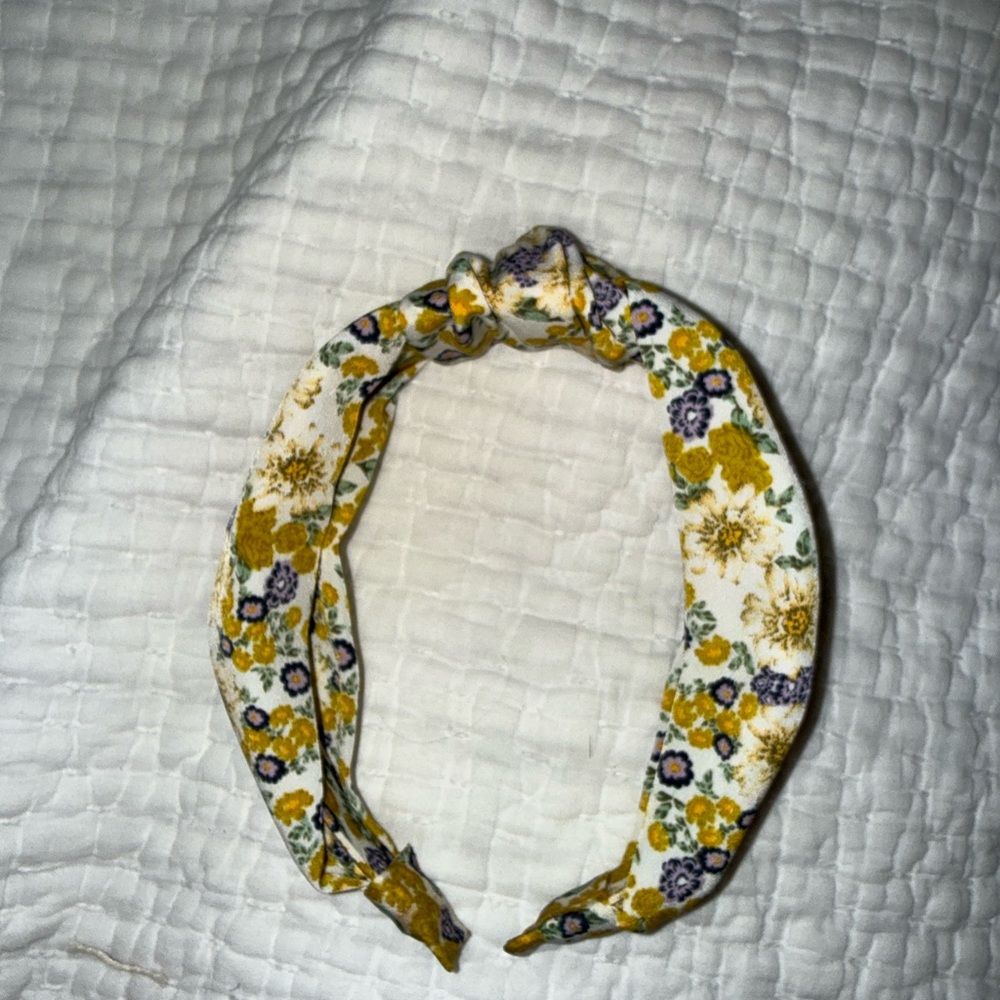 Anthropologie White Floral Knot Headband with Mustard and Purple Accents